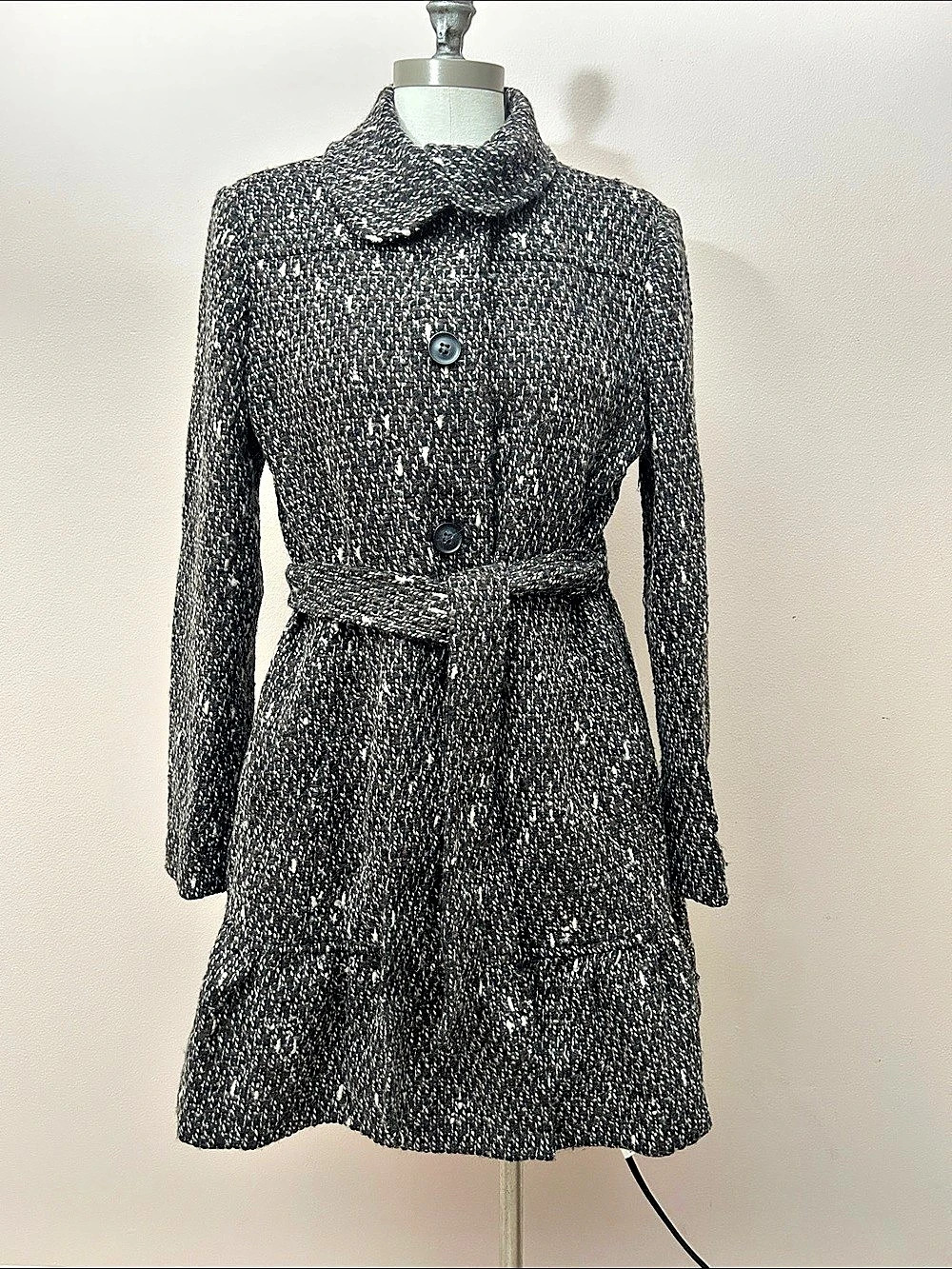 DKNY Wool Blend Belted Coat in Brown Black & Cream Ruffle Skirt Coat Size 12 Y2K